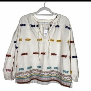 Loft X Lou & Grey Top XS Voluminous Embroidered Boho Peasant Blouse blouse